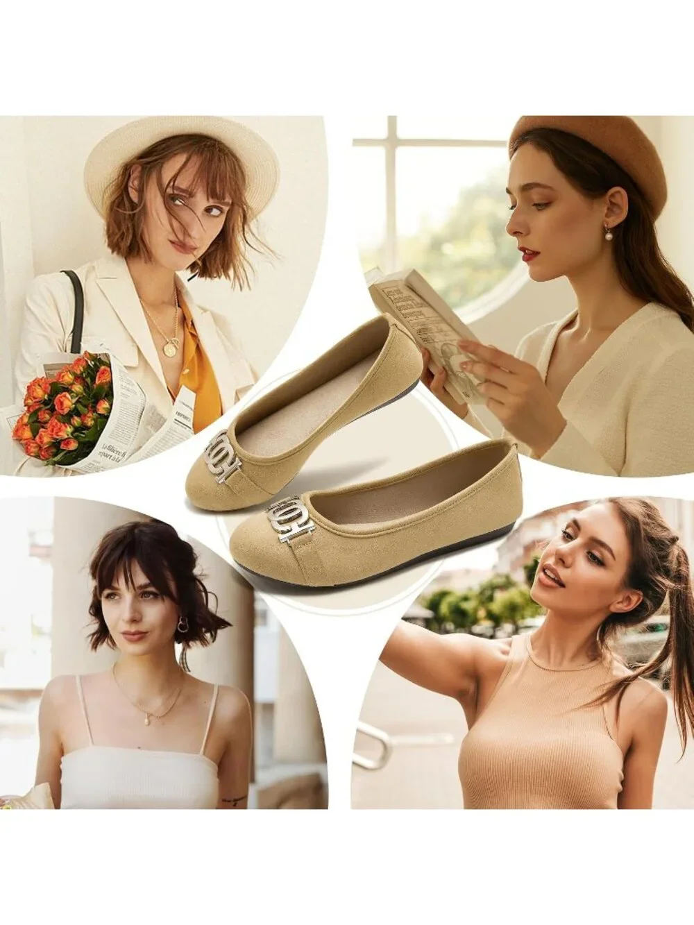 Women's Beige Micro Fiber Comfortable Round Toe Flat Slip on Casual Dressy Shoes